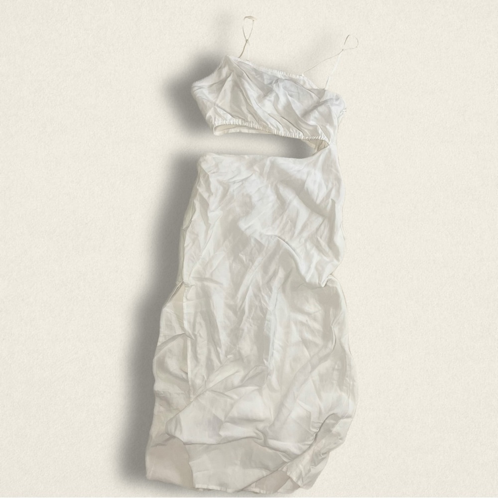 asymmetrical white linen midi dress